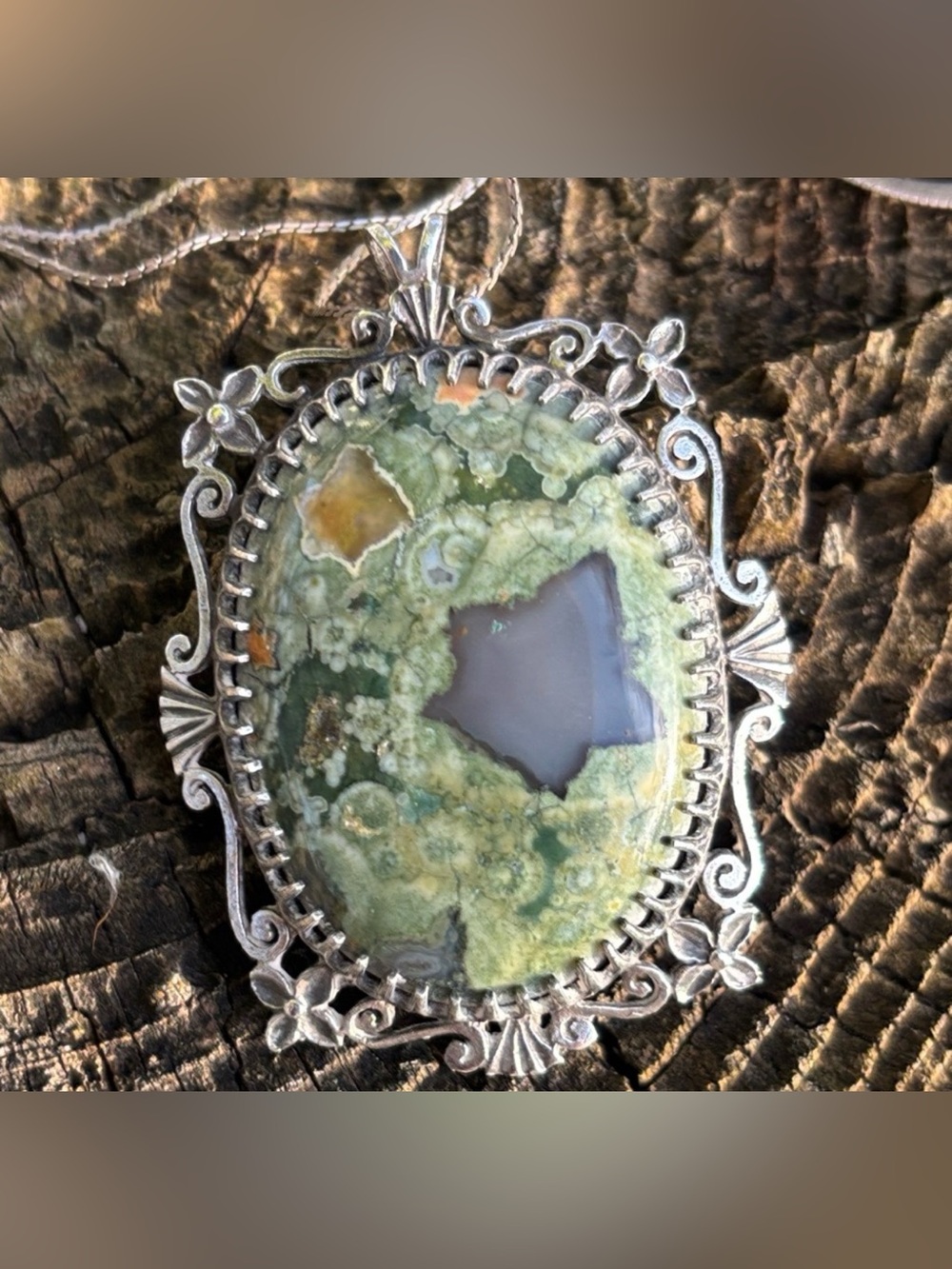 Silver Necklace Rainforest Jasper Pendant